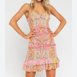 Olivaceous paisley pink orange smocked mini dress